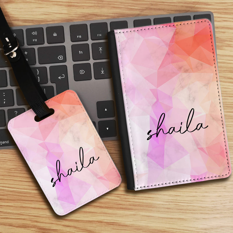 Geometric Marble Print with Personalised Name Luggage tag and Passport Cover Set