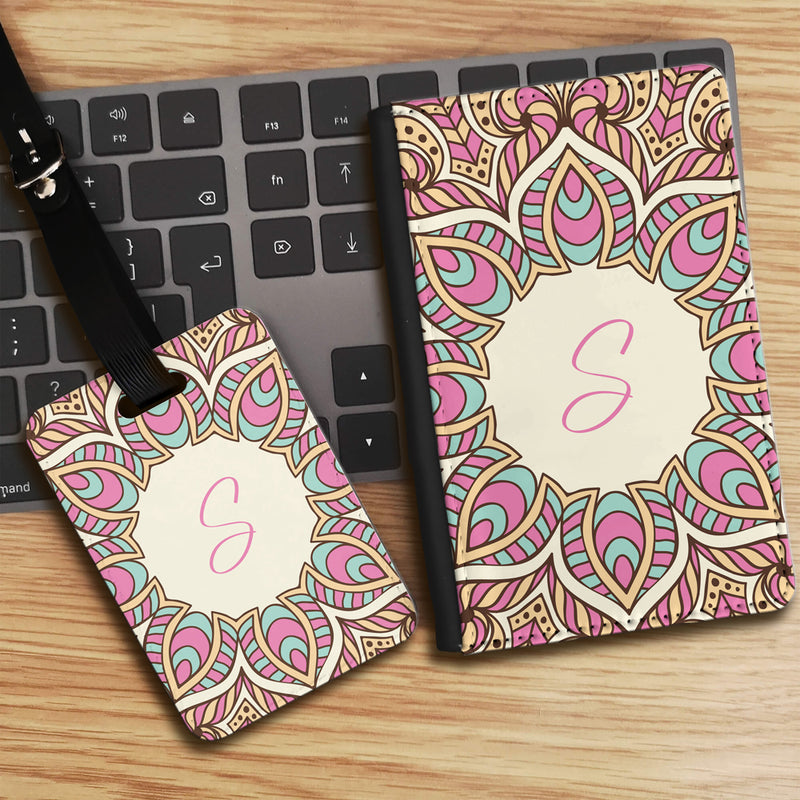 Floral Mandala with Personalised Initial Luggage tag and Passport Cover Set