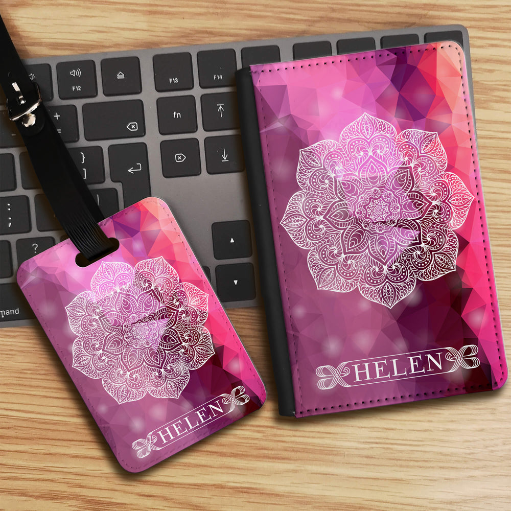 Geometric Mandala with Personalised Name Luggage tag and Passport Cover Set - Pink