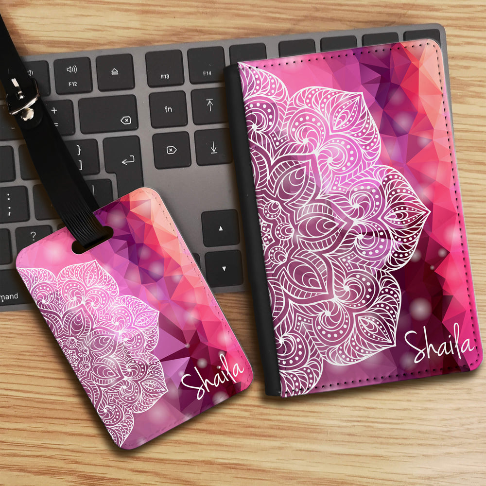 Geometric Half Mandala with Personalised Name Luggage tag and Passport Cover Set - Pink