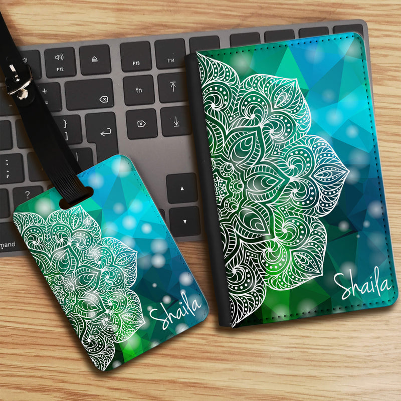 Geometric Half Mandala with Personalised Name Luggage tag and Passport Cover Set - Green