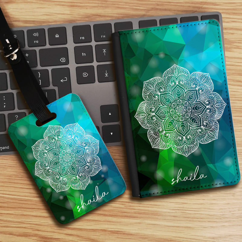 Geometric Mandala with Personalised Name Luggage tag and Passport Cover Set - Green