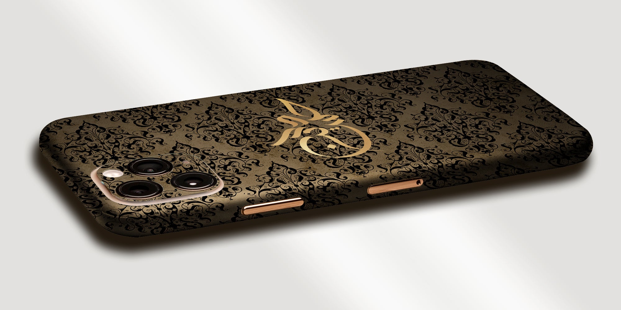 Damask Design Decal Skin With Personalised Arabic Name Phone Wrap - Gold / Black