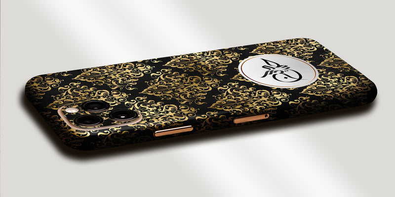 Damask Design Decal Skin With Personalised Arabic Name Phone Wrap - Black / Gold