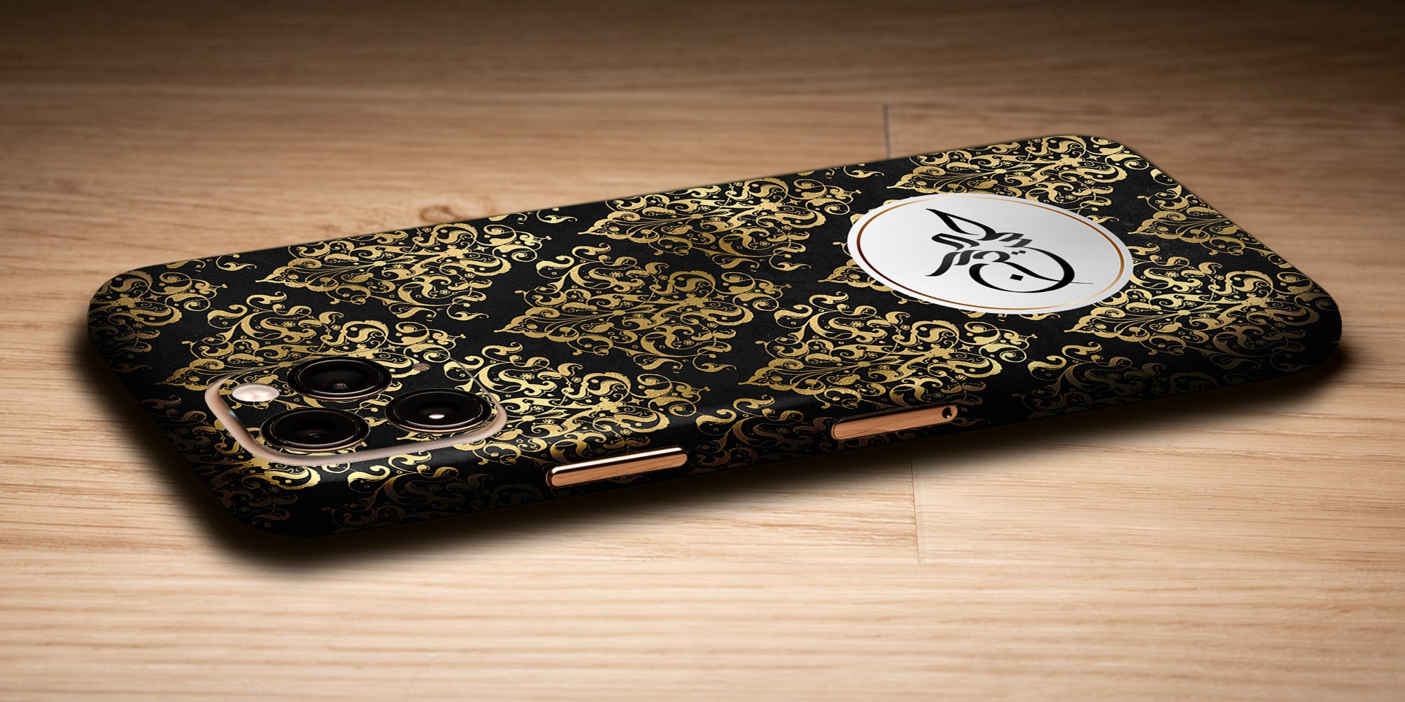 Damask Design Decal Skin With Personalised Arabic Name Phone Wrap - Black / Gold