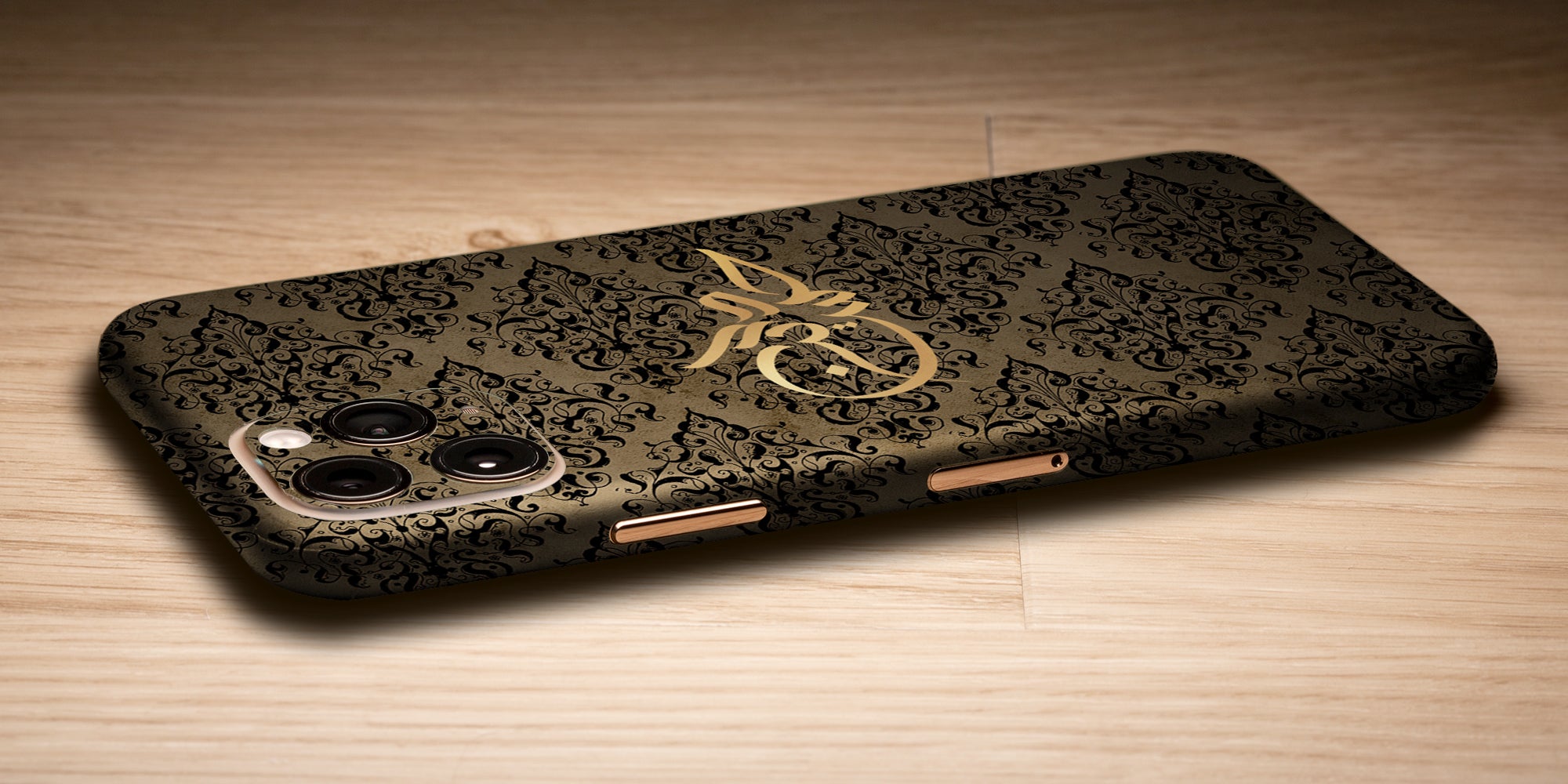 Damask Design Decal Skin With Personalised Arabic Name Phone Wrap - Gold / Black