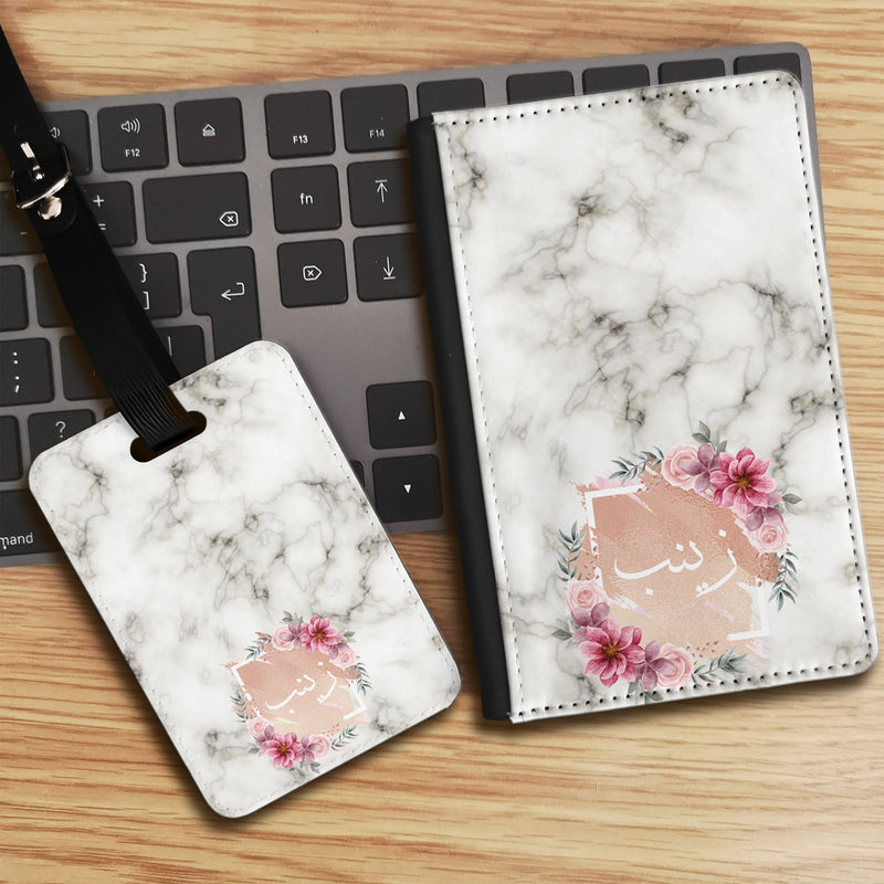 Marble Texture with Personalised Floral Arabic Name Luggage tag and Passport Cover Set - White