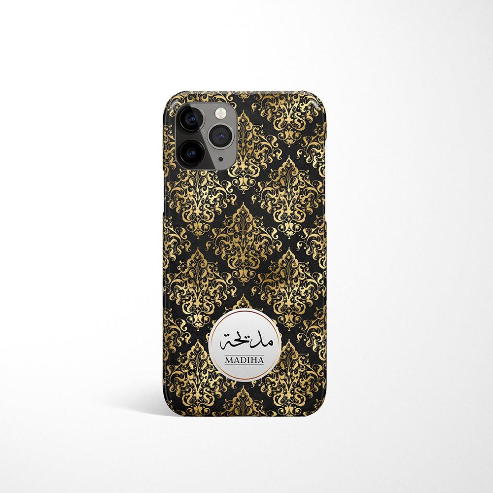 Damask Print With Personalised Arabic Name Phone Case - Black & Gold